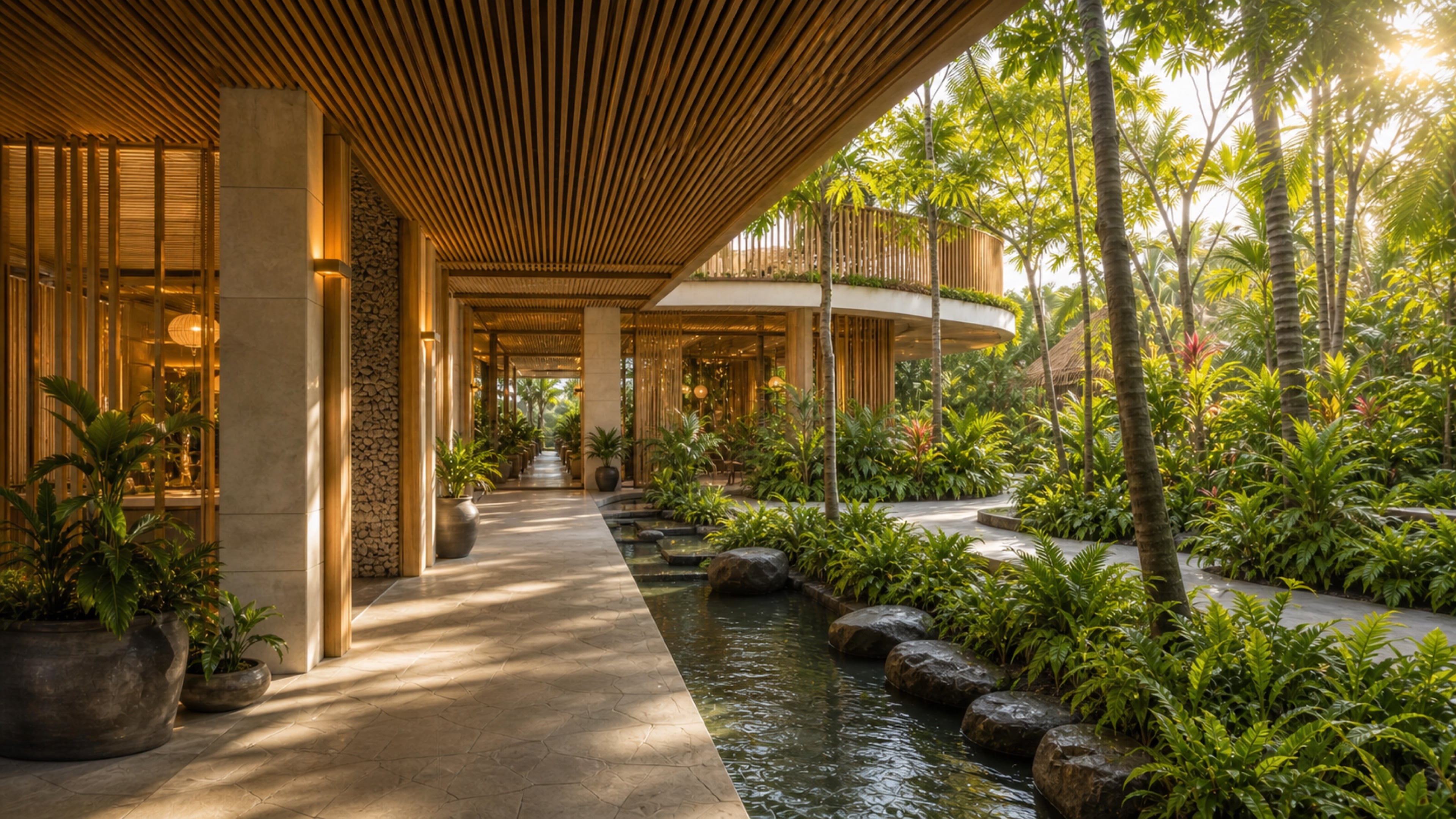 Conceptual garden passage with timber screens, volcanic stone, filtered light, and water