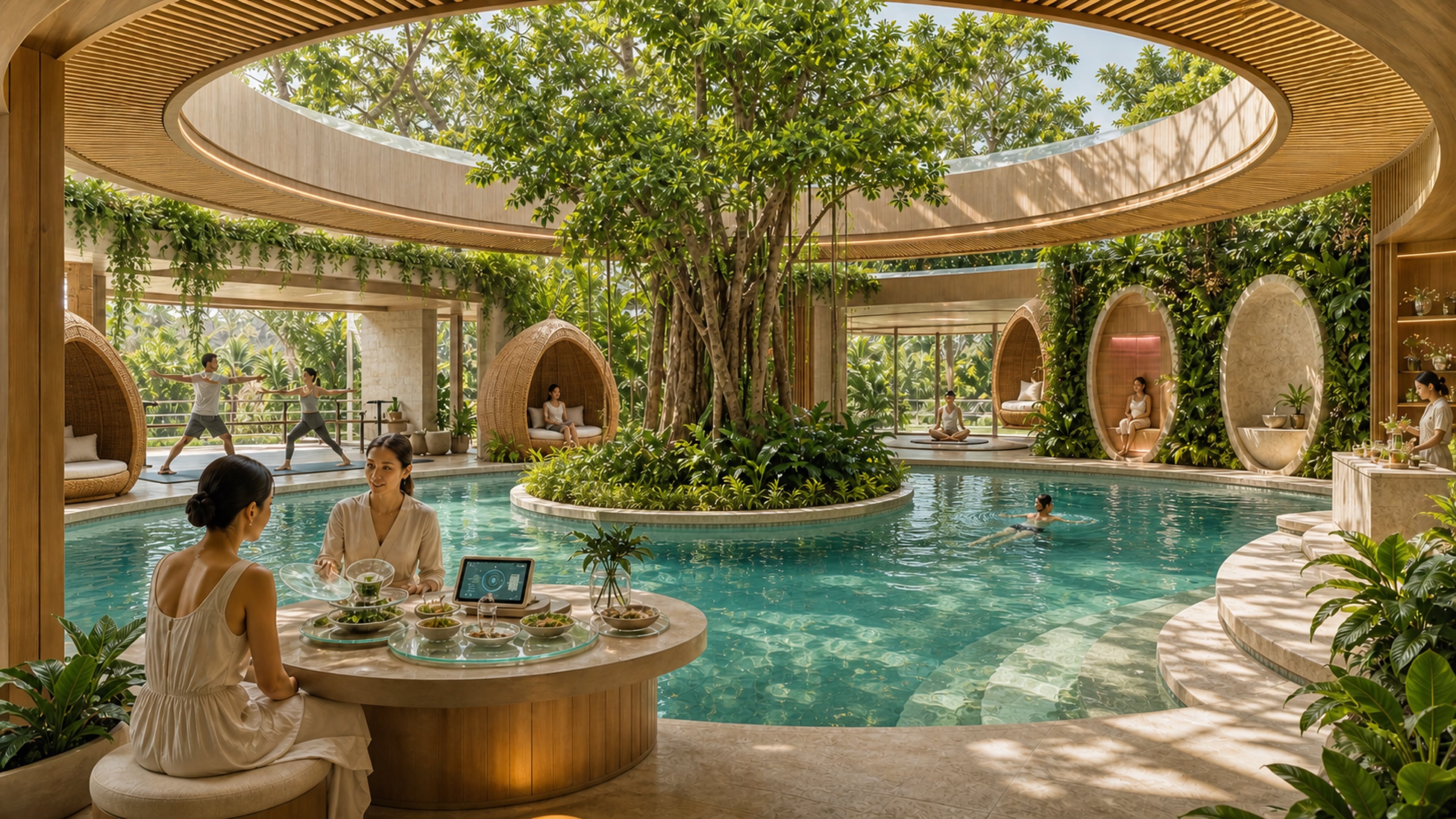 Conceptual LSW wellness sanctuary with timber, natural light, and tranquil bathing spaces
